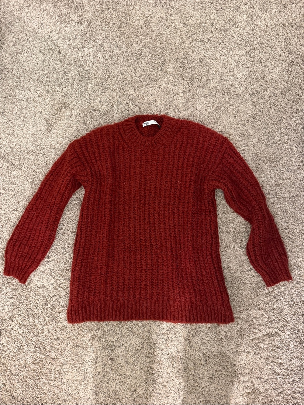 Zara Women's Deep Red Chunky Crewneck Sweater